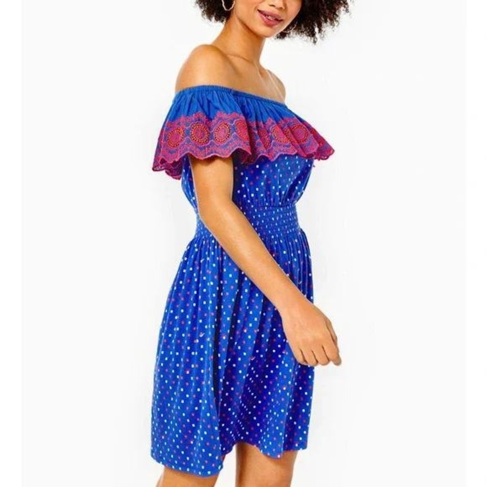 LILLY PULITZER Kalama Off-the-Shoulder Smocked Dress in Borealis Blue Size Large